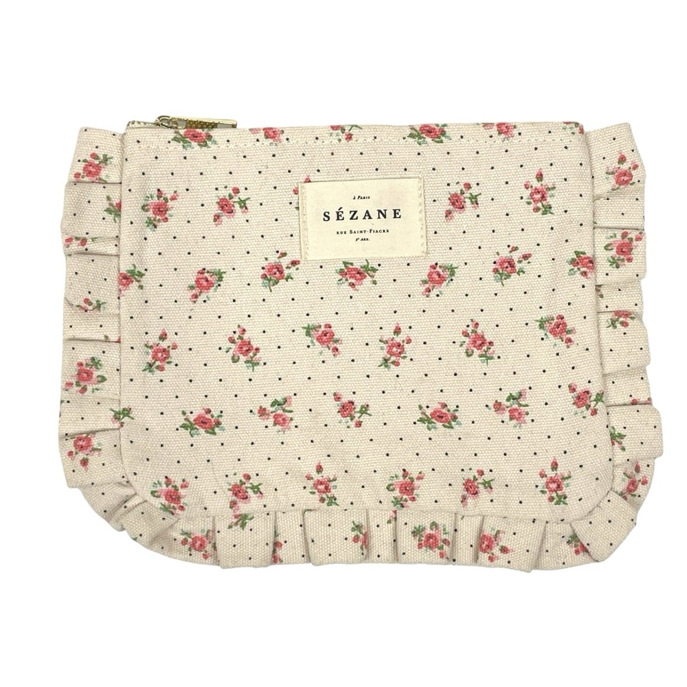 Sezane Pink‎ Floral Ruffle Trim Small Cosmetic Makeup Bag Victorian Cottagecore